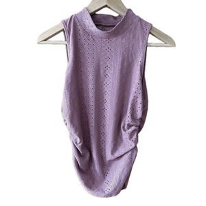 Mauve Eyelet Mock Neck Ruched Sleeveless Top - Large